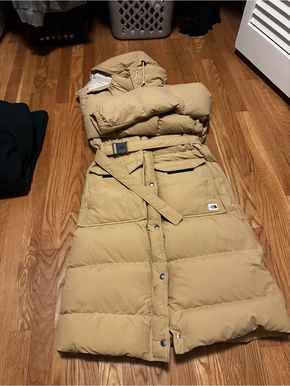 The North Face Women's Beige/Tan Long Belted Puffer Coat with Hood